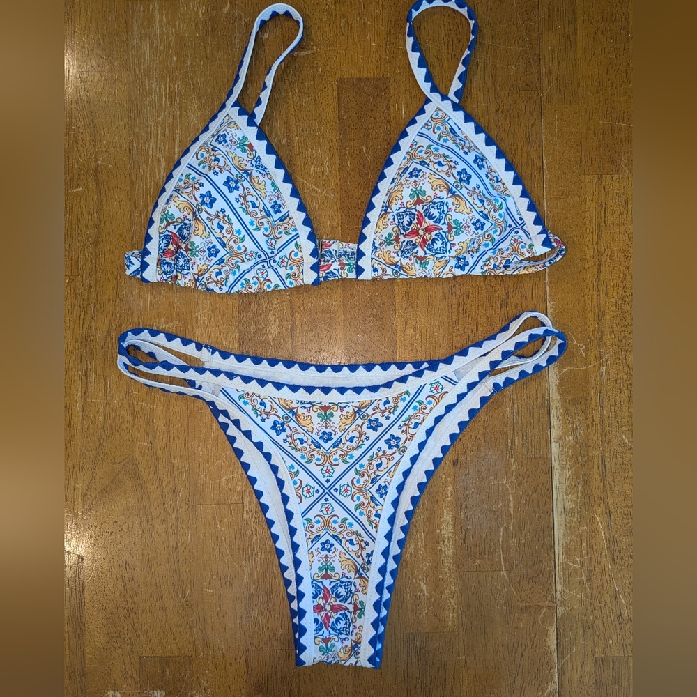 Mediterranean Tile Print Bikini Set Small Blue White